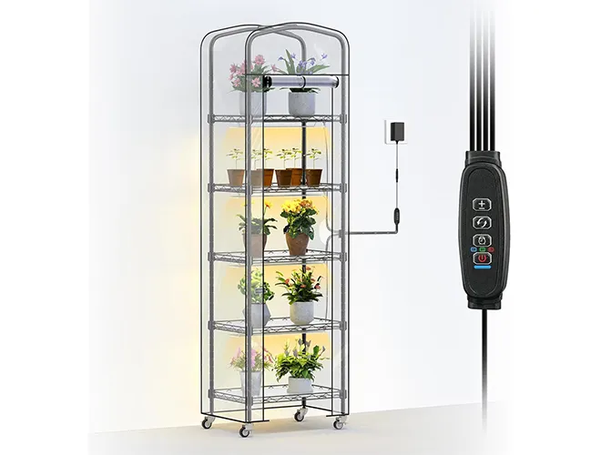 5-Tier Greenhouse with Grow Light,  Metal Plant Shelf with PVC Cover and Wheels (3)