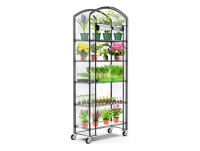 5-Tier Greenhouse with Grow Light,  Metal Plant Shelf with PVC Cover and Wheels (2)