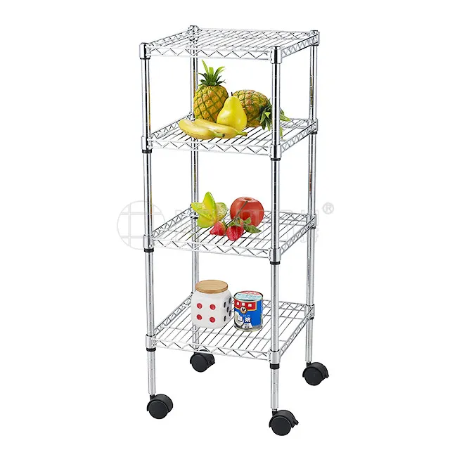 New DIY 4 Tiers Square Chrome Wire Rack Storage shelving With Wheels