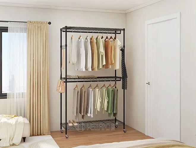 Heavy-Duty Black Mobile Garment Rack with Hooks