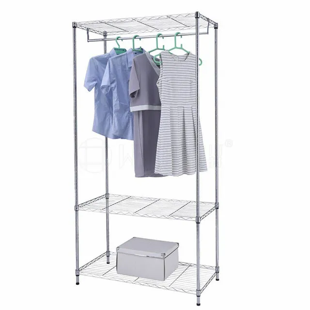 Chrome Wire Shelving Garment Rack Metal Wardrobe with 3 Storage Wire Shelves