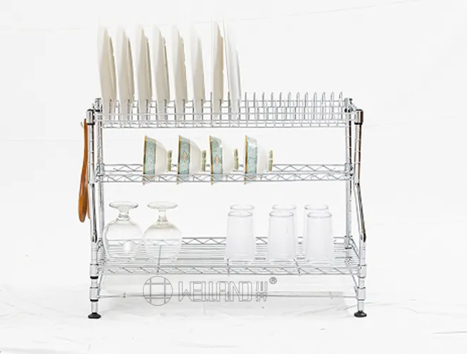 3-Tier Chrome Dish Rack with Hooks - Over Sink Kitchen Storage（2）