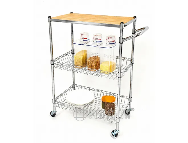 3-Tier Kitchen Trolley with MDF & Wire Baskets - Rolling Storage Cart（2）