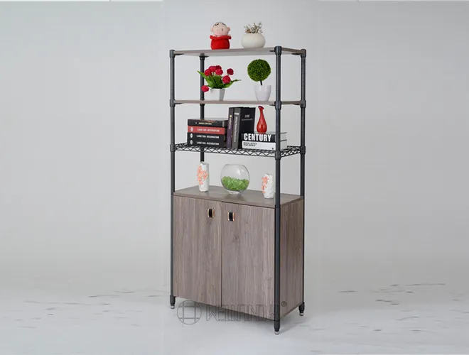 4-Tier Wooden Steel Furniture - 2 MDF & 1 Wire Shelf with Cabinet(1)