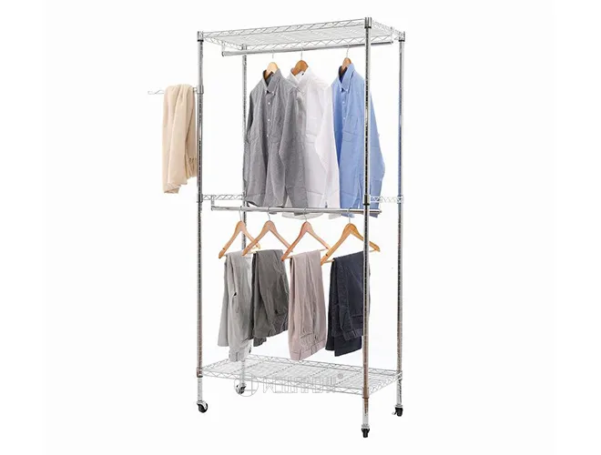 Rolling 3-Tier Chrome Garment Rack - 2 Hanging Rods Organizer（1）