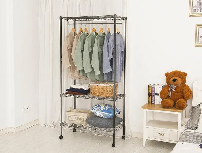 Rolling 3-Tier Black Garment Rack - Heavy Duty Clothes Organizer（2）