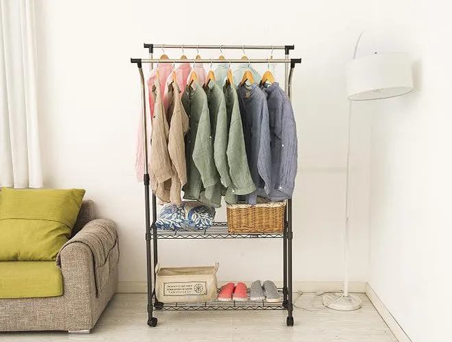 Double-Rod Clothes Rack with 2 Wire Shelves - Heavy Duty Organizer (3)
