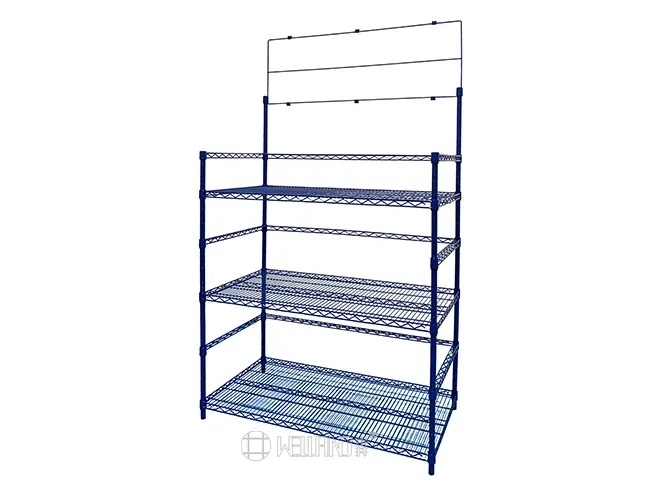 3-Tier Blue Water Bottle Display Rack with AD Board – Ideal for Store & Office Storage (5)