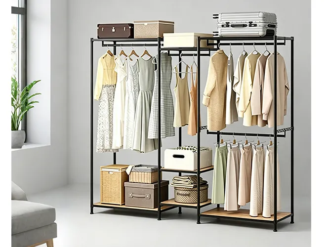 hybrid-garment-combination-rack-with-bamboo-fiber-shelves-and-steel-frame